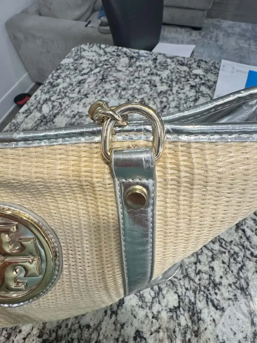 Tory Burch Ella Straw Tote Natural Woven Silver Metallic Chain Shoulder Bag